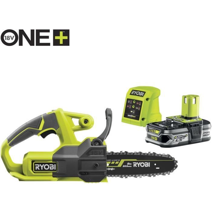 RYOBI - Tronçonneuse compacte 18V ONE+ - guide 20 cm - 4,6 m/s - tendeur latéral + batterie 2,5 Ah et chargeur 1,5 A - RY18CS20A-125