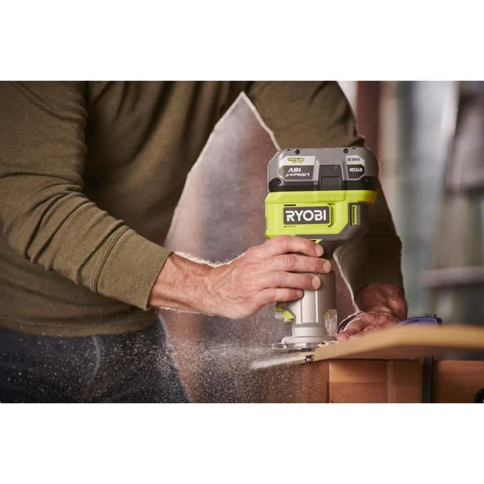 RYOBI - Affleureuse a bois 18V ONE+ - 30 000 tr/min - pince 6 mm - Avec 1 pince de 6 mm, 1 meche de coupe, clé, guide - RTR18-0