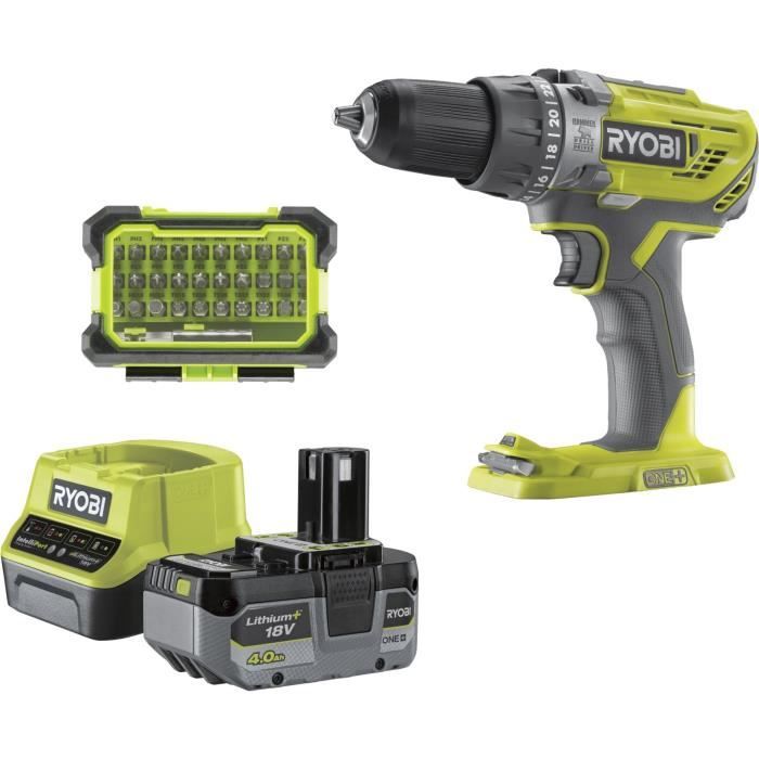 RYOBI - Perceuse a percussion 18V ONE+ - 50 Nm - 500-1800 tr/min + batterie 4,0 Ah, chargeur 2,0 A, sac - R18PD3-140SA