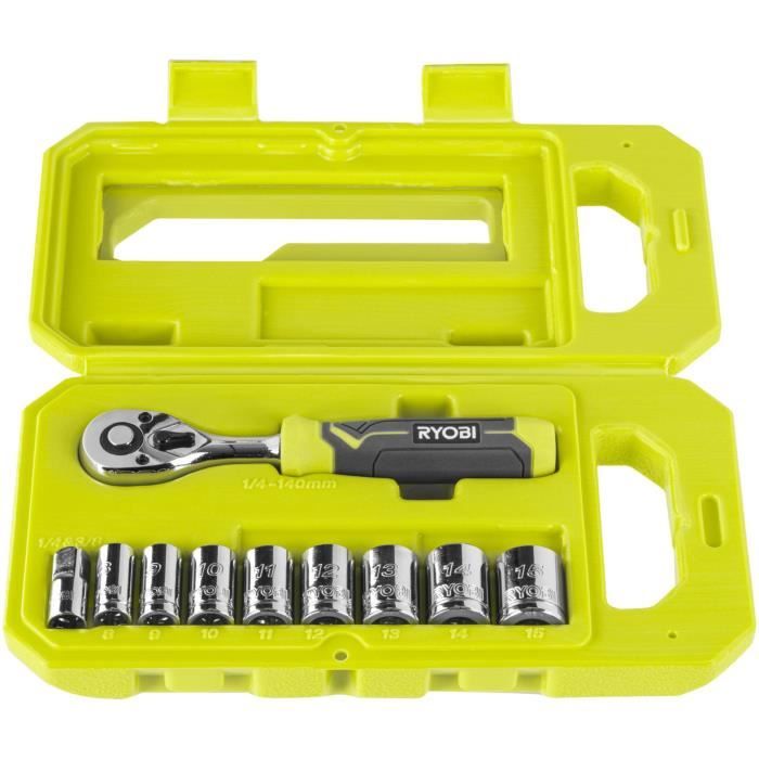 RYOBI - Coffret 1 clé 90 dents, 8 douilles (de 8 a 15 mm) & adaptateur 1/4'' - 3/8'' - Compatible Ryobi LINK - RHRS10PC