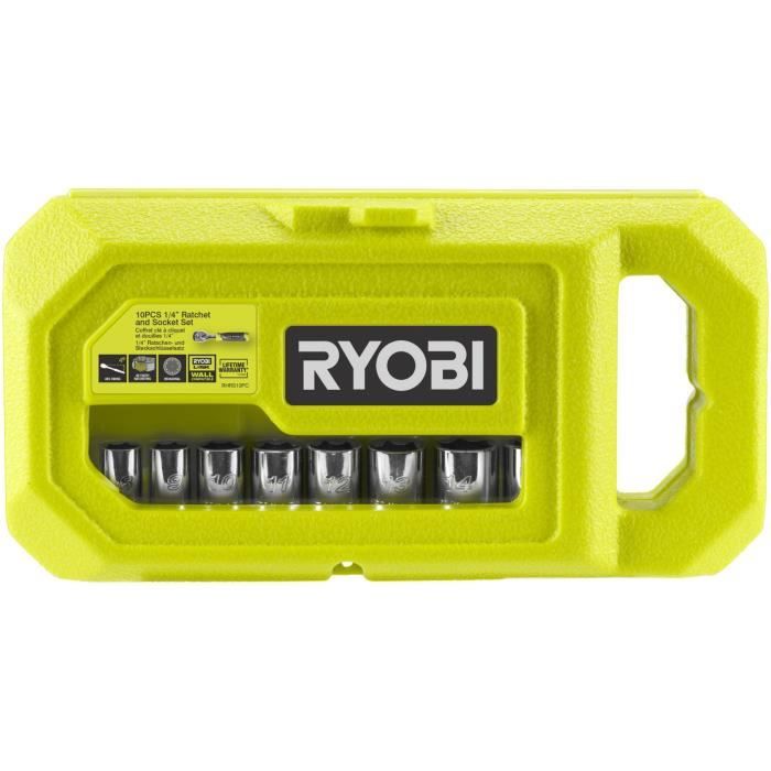 RYOBI - Coffret 1 clé 90 dents, 8 douilles (de 8 a 15 mm) & adaptateur 1/4'' - 3/8'' - Compatible Ryobi LINK - RHRS10PC