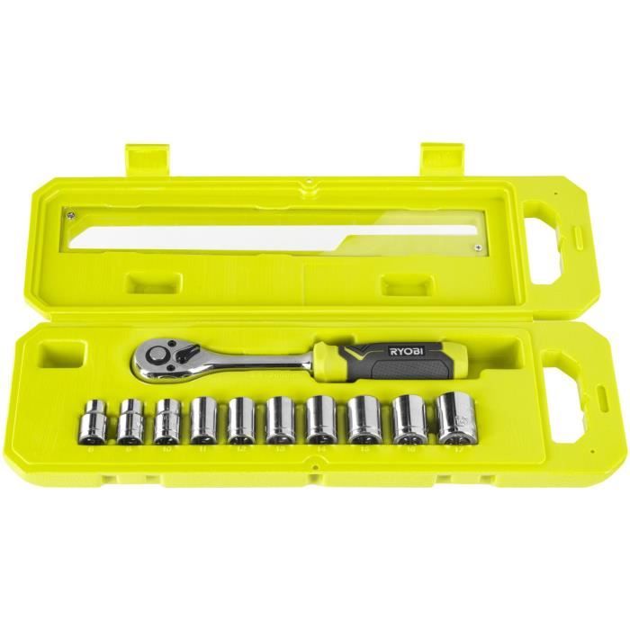 RYOBI - Coffret 1 clé 90 dents (angle de reprise 4°) et 10 douilles 3/8'' (de 8 a 17 mm) - Compatible Ryobi LINK - RHRS11PC