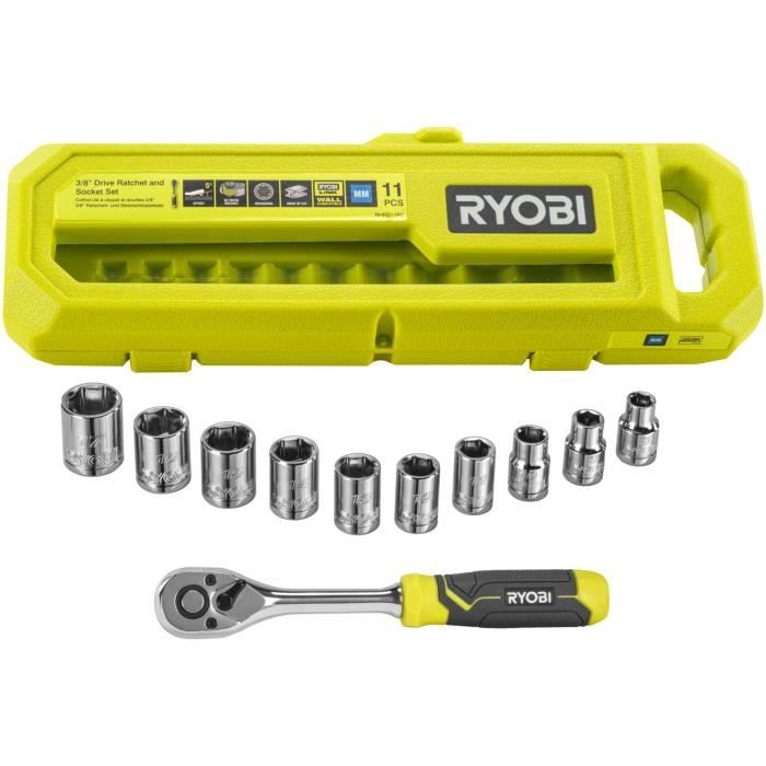 RYOBI - Coffret 1 clé 90 dents (angle de reprise 4°) et 10 douilles 3/8'' (de 8 a 17 mm) - Compatible Ryobi LINK - RHRS11PC