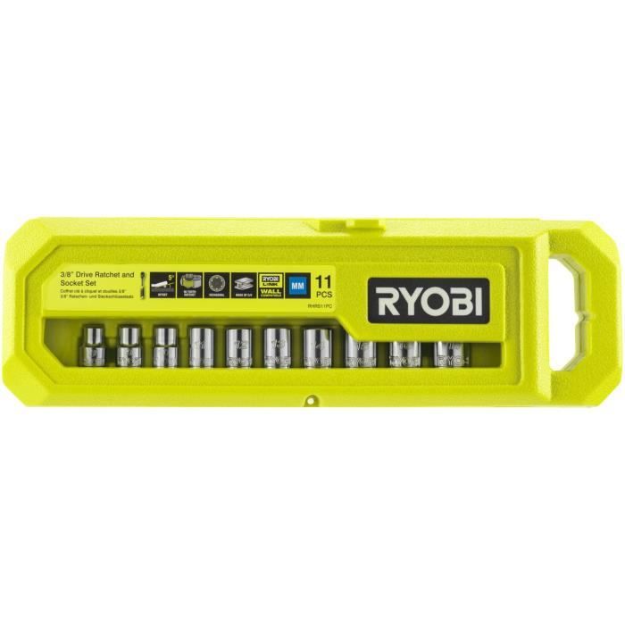 RYOBI - Coffret 1 clé 90 dents (angle de reprise 4°) et 10 douilles 3/8'' (de 8 a 17 mm) - Compatible Ryobi LINK - RHRS11PC