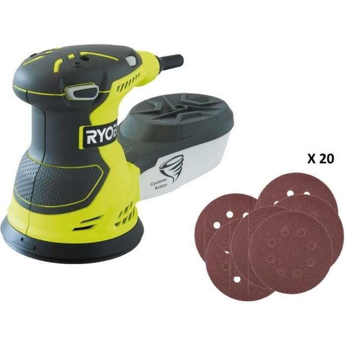 RYOBI - Ponceuse excentrique 300 W - 7 000-13 000 osc/min - diam. 125 mm - Livrée en sac de transport avec 20 abrasifs - ROS300A