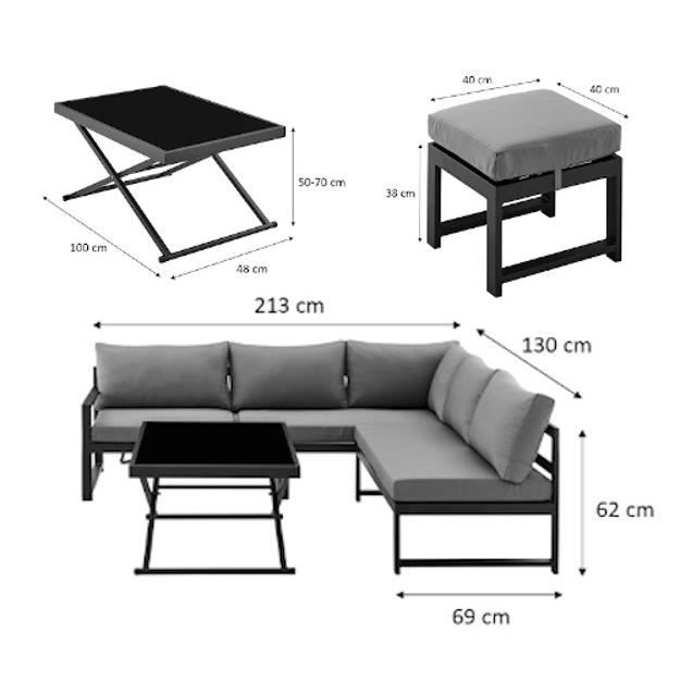 Salon de jardin avec structure en aluminium avec coussins - 7 personnes - Hipu - Gris