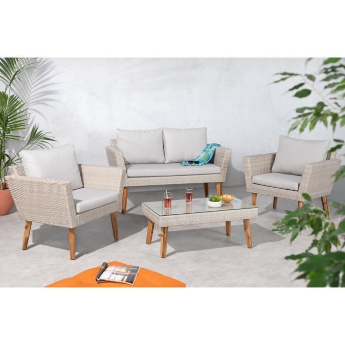 Salon de jardin en résine tressée et pieds en bois d'Acacia FSC avec coussins - 4 personnes - MIRA - Gris