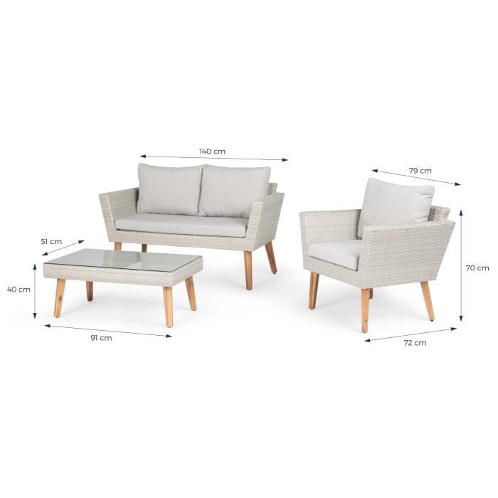 Salon de jardin en résine tressée et pieds en bois d'Acacia FSC avec coussins - 4 personnes - MIRA - Gris