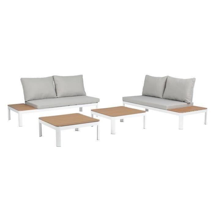 Salon de jardin modulable, en aluminium couleur blanc et polywood - 4 personnes avec coussins gris - SANTANA