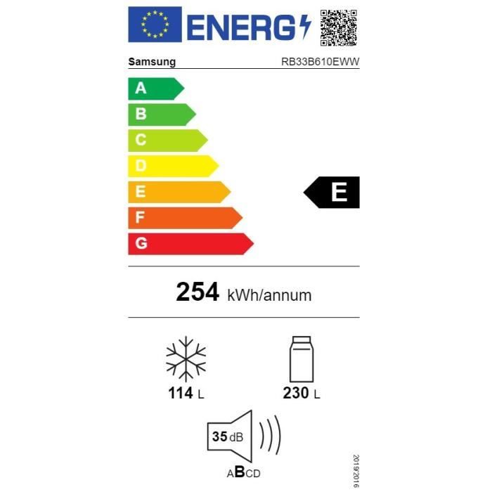 Réfrigérateur congélateur - SAMSUNG - RB33B610EWW - 344L - 185cm - E - No Frost - Poignées int côté - Blanc