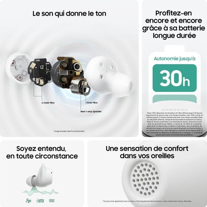 Ecouteurs Samsung Galaxy Buds FE True wireless a réduction de bruit active Blanc