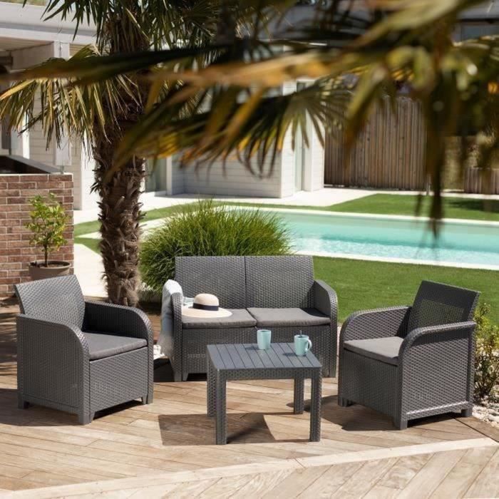 Salon de jardin - en résine imitation rotin tressé - Allibert by KETER - 4 personnes - SanRemo - Gris