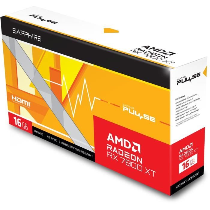 SAPPHIRE - Carte Graphique - PULSE AMD RADEON RX 7800 XT GAMING 16GB - GDDR6 - DUAL HDMI / DUAL DP