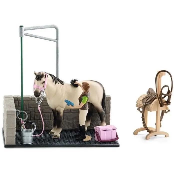 Box Lavage Chevaux avec Figurine Cheval et Cavalier - Coffret de Lavage de Chevaux de 11 Pieces avec Cheval, Cavalier et