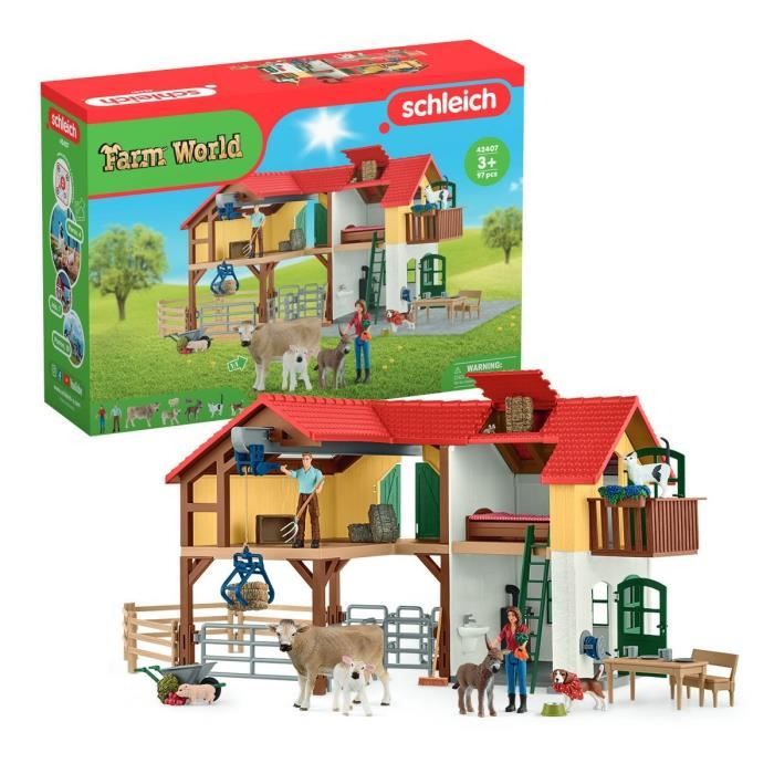 Ferme avec étable et animaux, coffret de 97 pieces avec figurines, Schleich 42407 Farm World