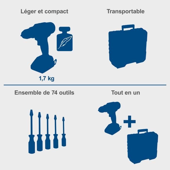 Coffret perceuse visseuse sans fil C-DTB74/1-X - 50Nm mandrin 13mm + 74 access - SCHEPPACH 20V IXES + 2 batteries 2Ah + chargeur