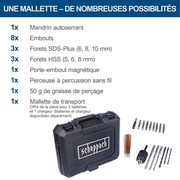 Perforateur sans fil C-RHD130-X - 1,3J 6000 bpm + forets, accessoires, malette - SCHEPPACH 20V IXES - sans batterie ni chargeur