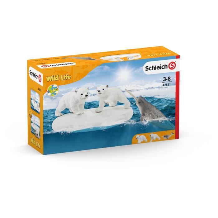 Figurines Glissade des Ours Polaires, Coffret schleich avec 2 figurines oursons et 1 figurine de narval, pour enfants des 3 Ans,