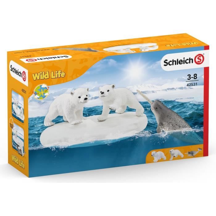 Figurines Glissade des Ours Polaires, Coffret schleich avec 2 figurines oursons et 1 figurine de narval, pour enfants des 3 Ans,