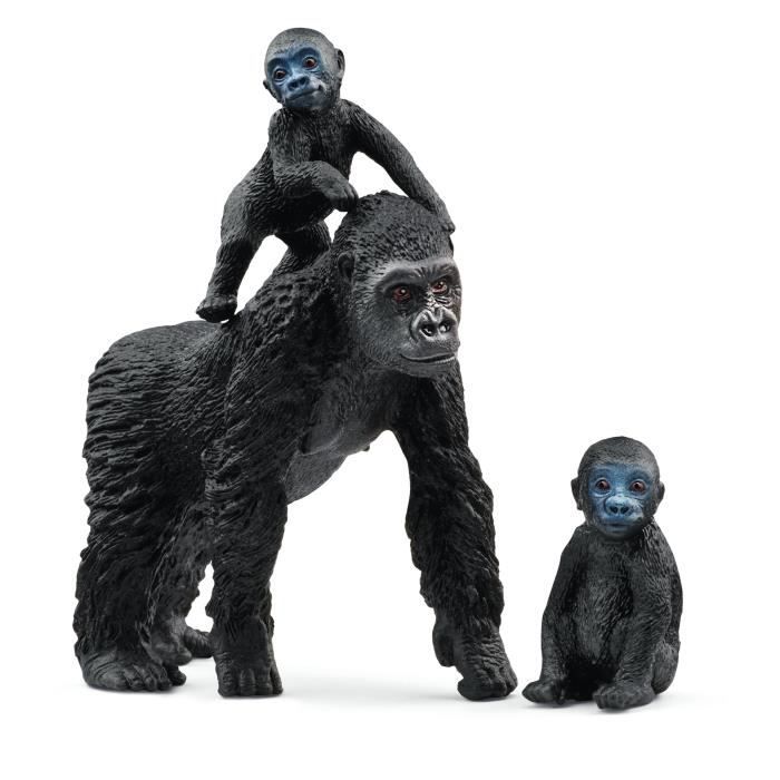 Figurine famille de Gorilles des Plaines, avec 1 maman gorille et ses 2 bébés, pour enfants des 3 ans - Schleich 42601 Wild life