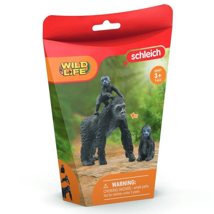 Figurine famille de Gorilles des Plaines, avec 1 maman gorille et ses 2 bébés, pour enfants des 3 ans - Schleich 42601 Wild life