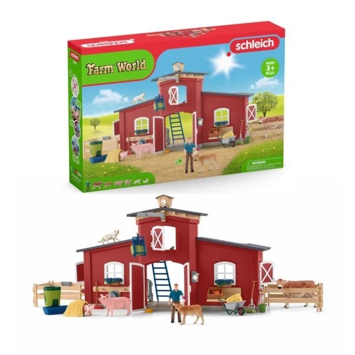 Figurines Animaux de la Ferme avec Accessoires - Coffret Ranch Américain Schleich de 92 Pieces avec Vache, Cheval Schleich, Cochon