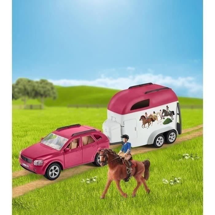 Voiture avec remorque pour chevaux, Coffret schleich avec 1 cheval schleich inclus, coffret figurines pour enfants de 5 ans,