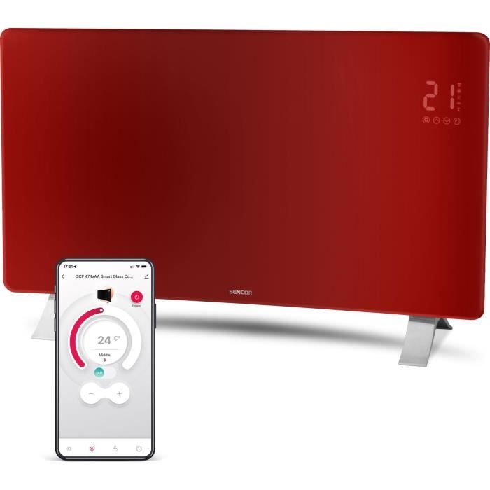 Radiateur intelligent Wi-Fi en verre - SENCOR - SCF 4742RD - 2400 W - 2 niveaux - Thermostat - Rouge