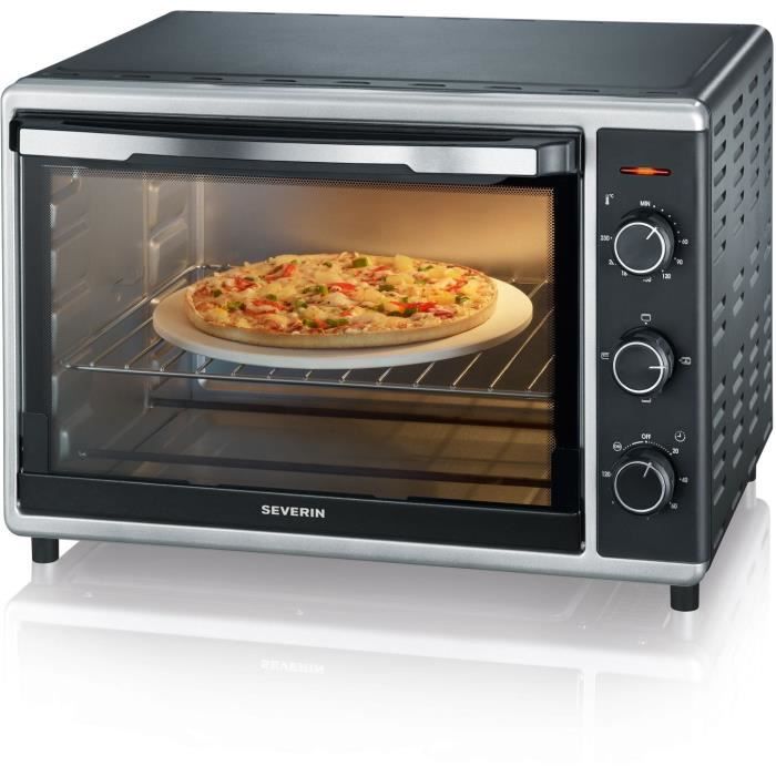 Mini Four chaleur SEVERIN TO2058 tournante 42 L, pierre a pizza et tournebroche, Four posable 1 800 W, Minuteur 120 min, Noir/Inox