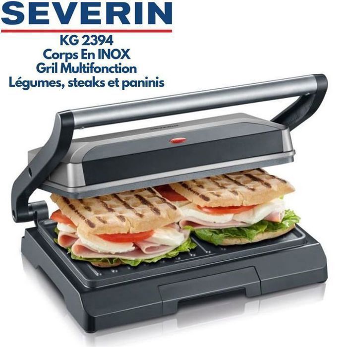 SEVERIN KG2394 Gril multifonction compact : viande - paninis - légumes - plaques anti-adhésives 23x14 -5 cm - récupérateur de