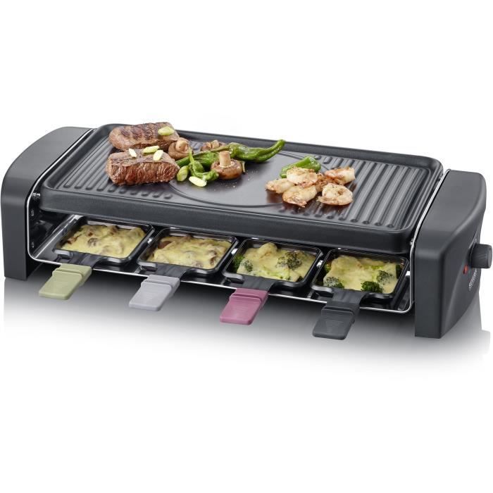 SEVERIN RG9646 Appareil a raclette 8 personnes 1 400 W - Plaque de cuisson rainurée et lisse 41,5 x 21 cm antiadhésive - Noir/Inox