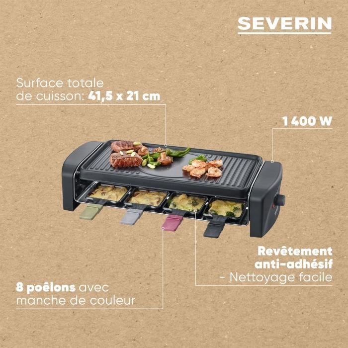 SEVERIN RG9646 Appareil a raclette 8 personnes 1 400 W - Plaque de cuisson rainurée et lisse 41,5 x 21 cm antiadhésive - Noir/Inox