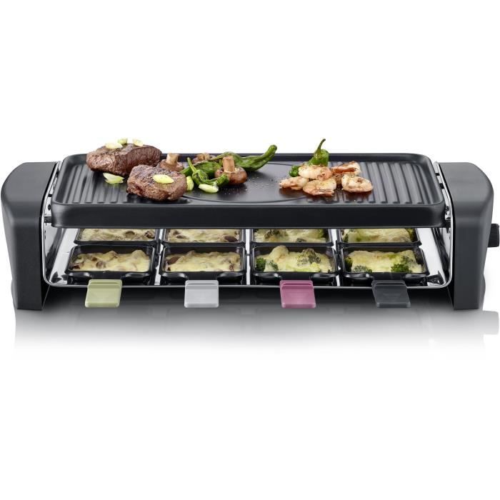 SEVERIN RG9646 Appareil a raclette 8 personnes 1 400 W - Plaque de cuisson rainurée et lisse 41,5 x 21 cm antiadhésive - Noir/Inox