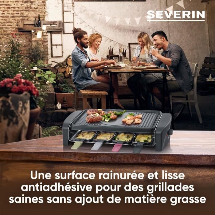 SEVERIN RG9646 Appareil a raclette 8 personnes 1 400 W - Plaque de cuisson rainurée et lisse 41,5 x 21 cm antiadhésive - Noir/Inox