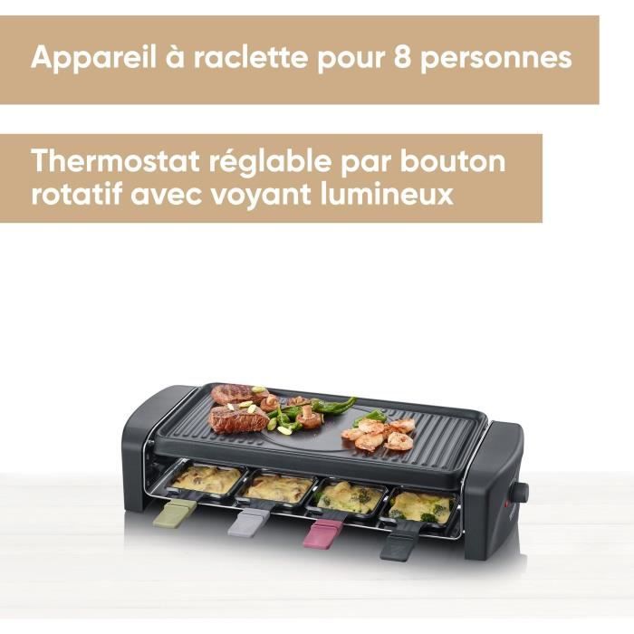 SEVERIN RG9646 Appareil a raclette 8 personnes 1 400 W - Plaque de cuisson rainurée et lisse 41,5 x 21 cm antiadhésive - Noir/Inox