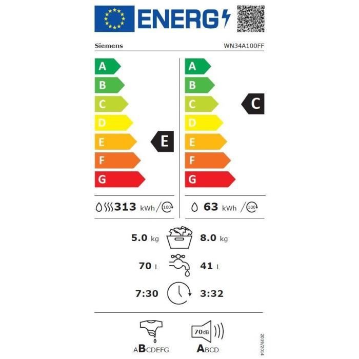 Lave-linge séchant SIEMENS WN34A100FF IQ300 - 8 / 5 kg - 1400 trs/min - L59,8cm - Classe E - Blanc