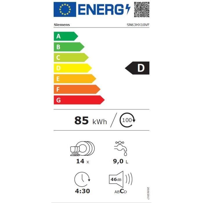 Lave-vaisselle tout intégrable SIEMENS iQ300 SN63HX10VF - 14 couverts - L60cm - 46 dB - 6 programmes