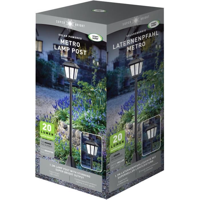 Lampadaire solaire - SMART GARDEN - Metro - 20 lumens - Noir - 130 x 18 cm