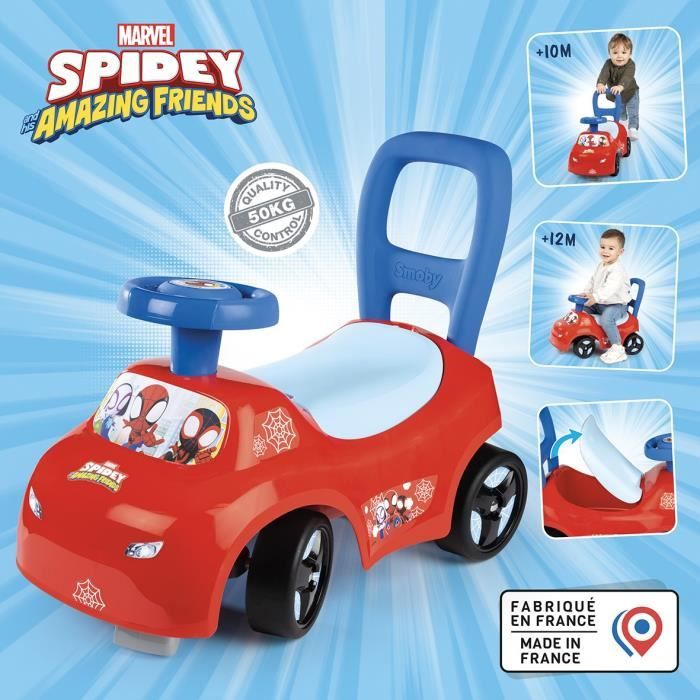 Smoby - Porteur auto enfant 2 en 1 - Spidey - Coffre sous la selle - Des 10 mois - Fabrication française