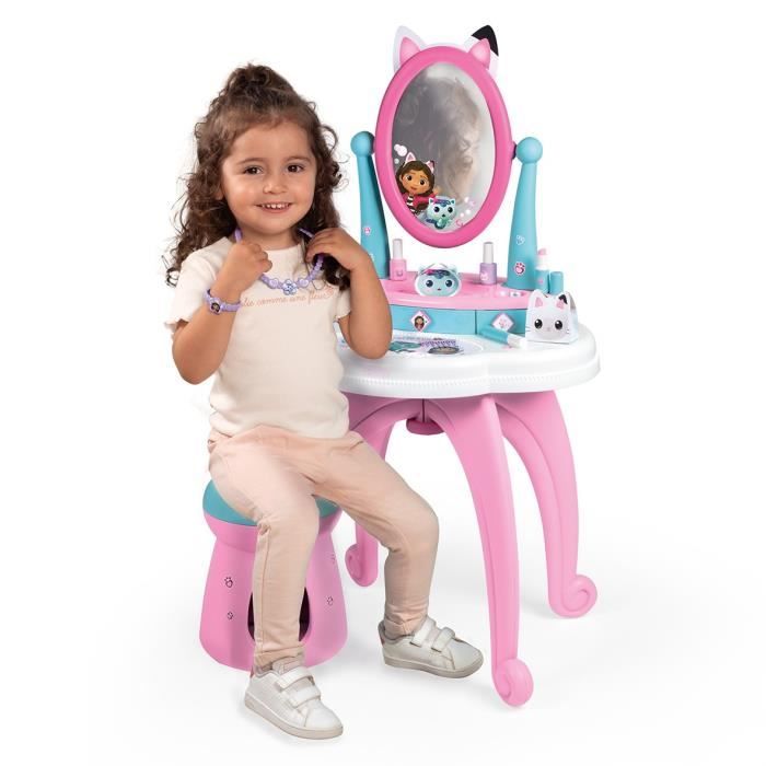 Smoby - Gabby et la Maison Magique - Coiffeuse enfant 2 en 1 - Tabouret inclus - 12 accessoires - Miroir orientable