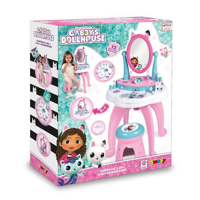 Smoby - Gabby et la Maison Magique - Coiffeuse enfant 2 en 1 - Tabouret inclus - 12 accessoires - Miroir orientable