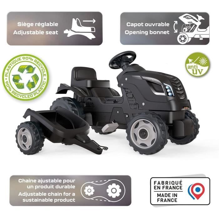 Tracteur a pédales Farmer XL + Remorque - SMOBY - Noir - 90% Plastique recyclé- Siege ajustable - Capot ouvrant - Volant avec