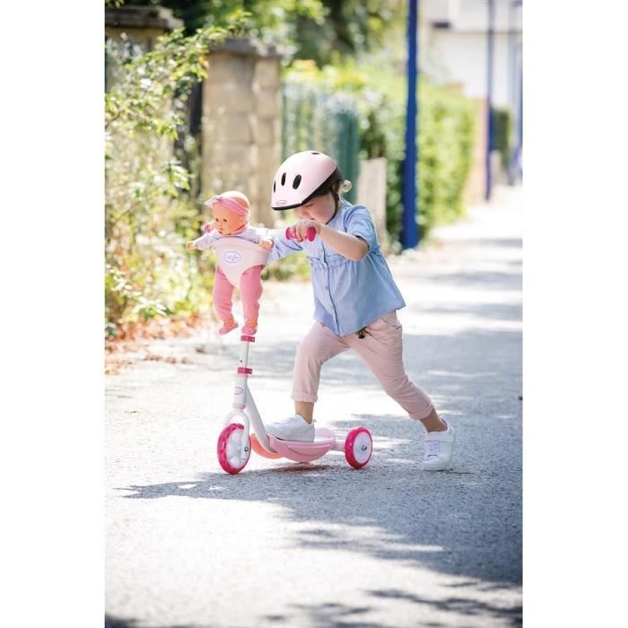 SMOBY - Corolle - Patinette 3 roues silencieuses - Strucure métale - Petite trottinette avec guidon réglable et porte poupon