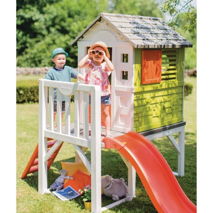 Maison Pilotis Smoby - Toboggan - Plateforme 70cm - Anti-UV - Vert - Fabriqué en France