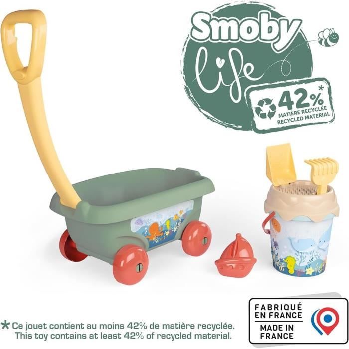 Smoby Life - Chariot de plage - Seau + Accessoires - 42% matériaux recyclés et 100% recyclabe - Fabriqué en France