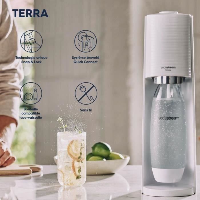 SodaStream TERRA Machine a Eau Pétillante -Pack 2 Bouteilles 1L Compatible Lave-Vaisselle + 1 Recharge de Gaz 60L a Clipser