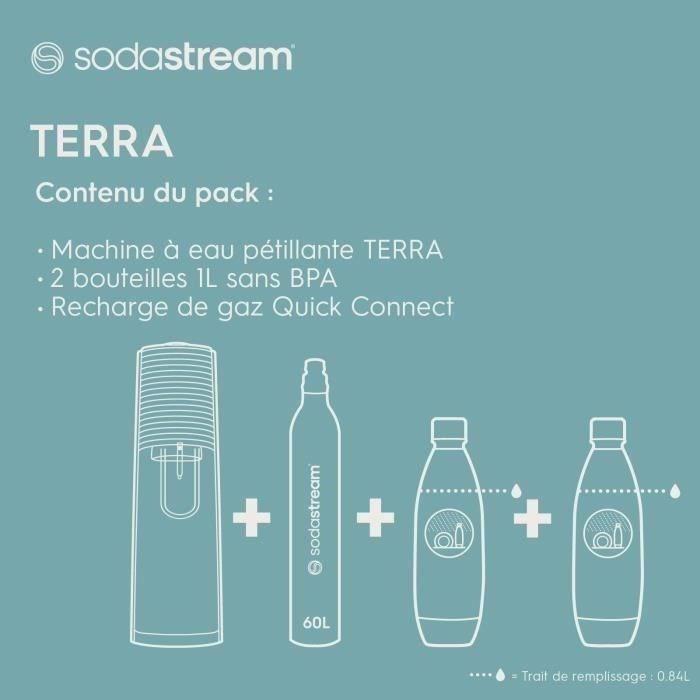 SodaStream TERRA Machine a Eau Pétillante -Pack 2 Bouteilles 1L Compatible Lave-Vaisselle + 1 Recharge de Gaz 60L a Clipser