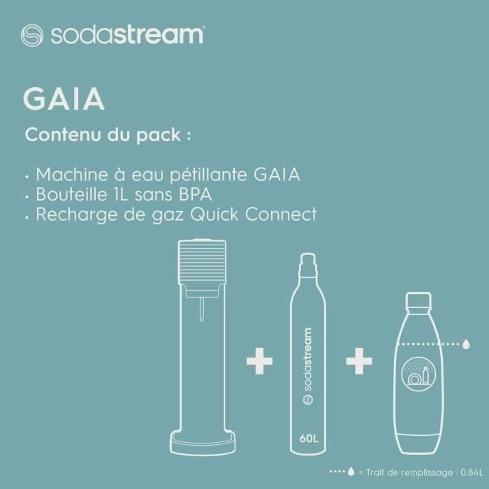 SodaStream GAIA Machine a Eau Pétillante - Pack 1 Bouteille 1L Compatible Lave-Vaisselle + 1 Recharge de Gaz 60L a Clipser - Noire