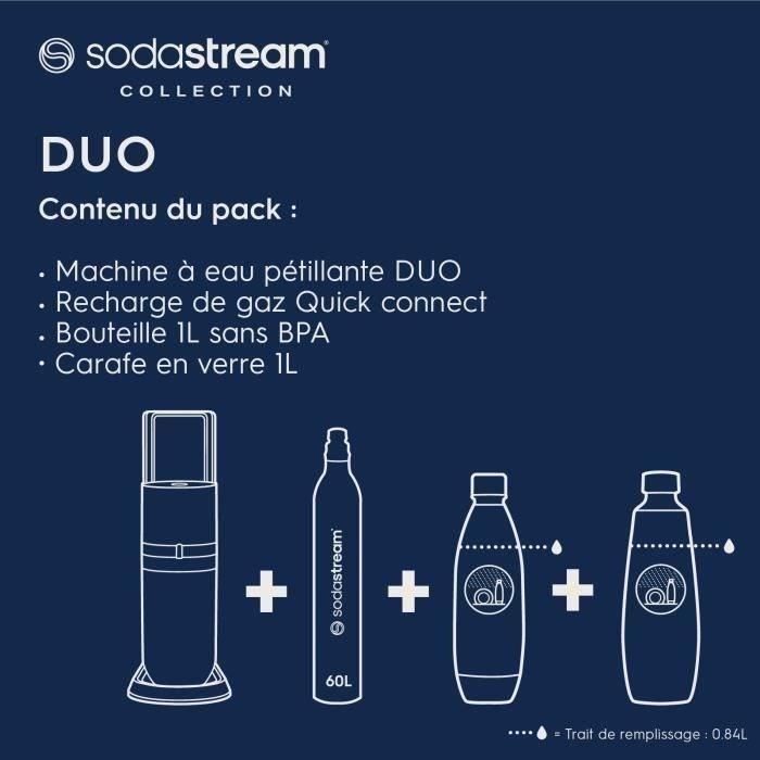 SODASTREAM Duo - Machine a Eau Pétillante Noire - Pack 2 Bouteille 1L Compatible Lave-Vaisselle + 1 Recharge de Gaz 60L a Clipser