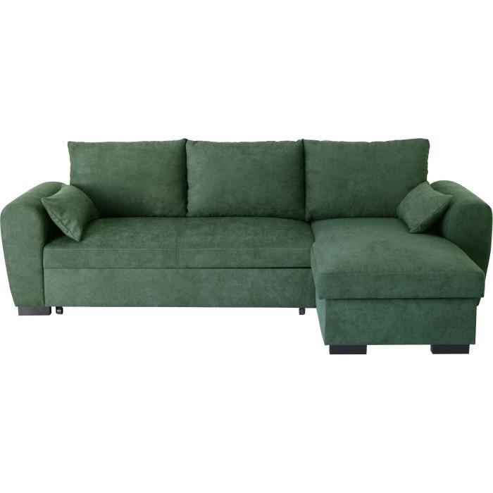 Canapé d'angle convertible réversible MAX - Méridienne avec coffre - Tissu vert - L 240 x P 143 x H 85 cm